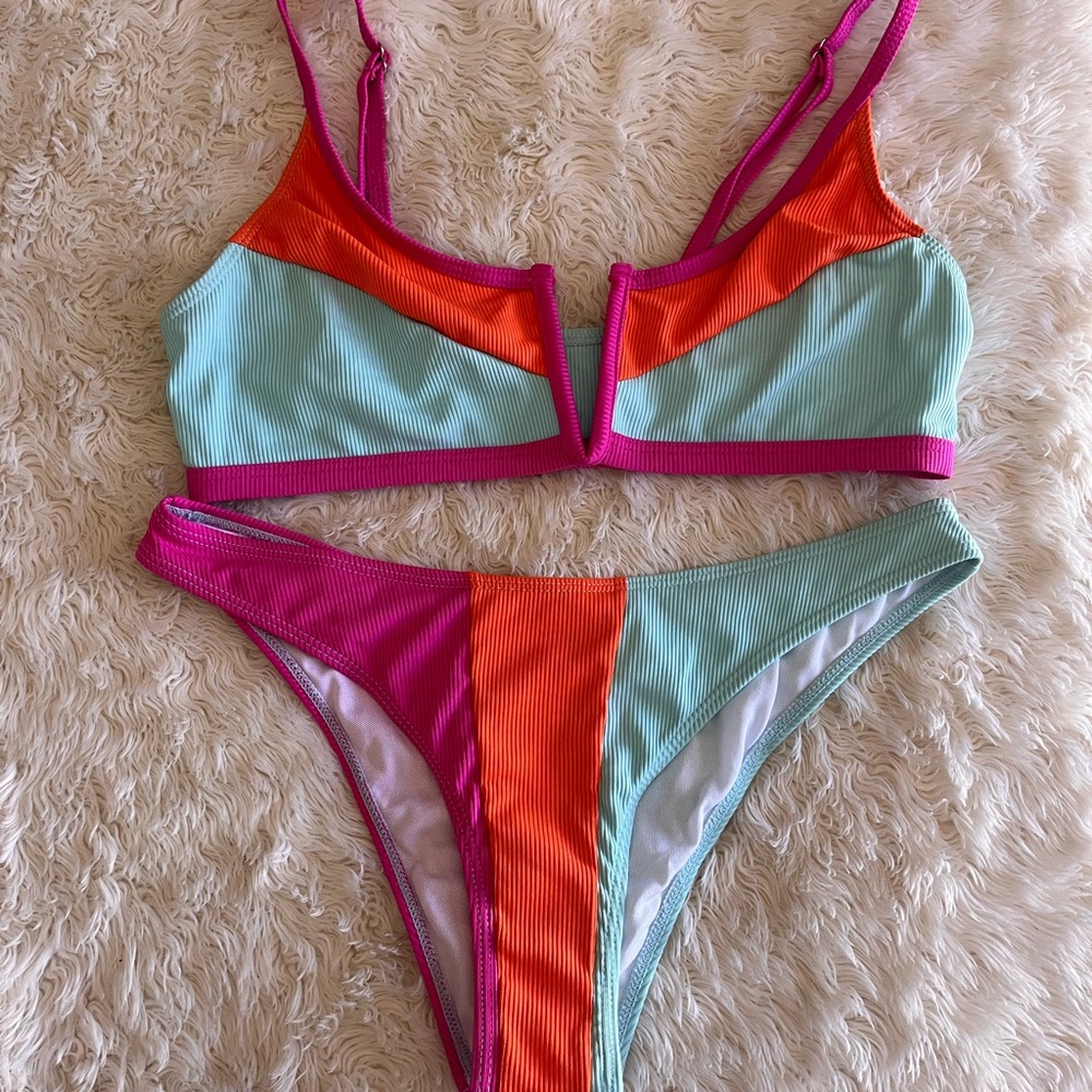 Zaful Colorblock ribbed Bikini - Pink, Orange, and Blue medium 6